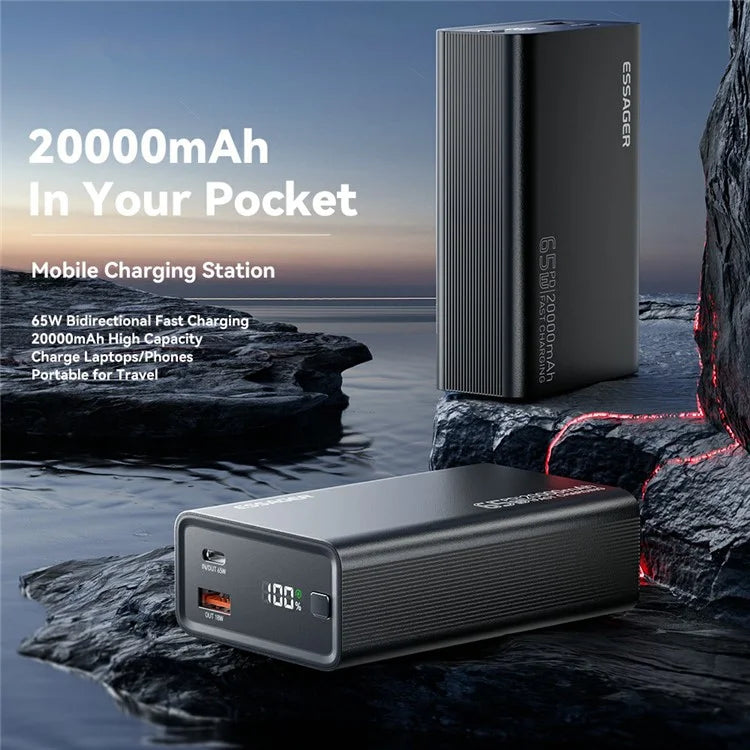 ESSAGER 65W Power Bank 20000mAh Portable Charger with Digital Display Screen for Travel, Outdoor Activities