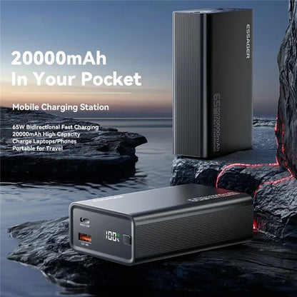 ESSAGER 65W Power Bank 20000mAh Portable Charger with Digital Display Screen for Travel, Outdoor Activities