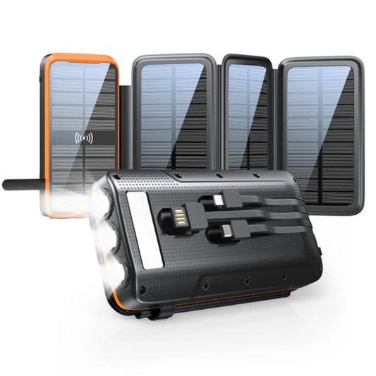 L3S4W 20000mAh 4 Solar Panels Outdoor Power Bank Wireless Charger with Emergency Flashlight and Built-In Cables