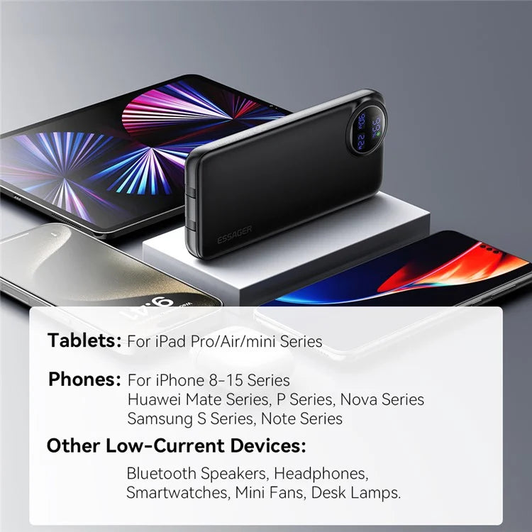 ESSAGER 20000mAh Power Bank with Type-C + iP Cables 22.5W Fast Charging Digital Display Battery Pack