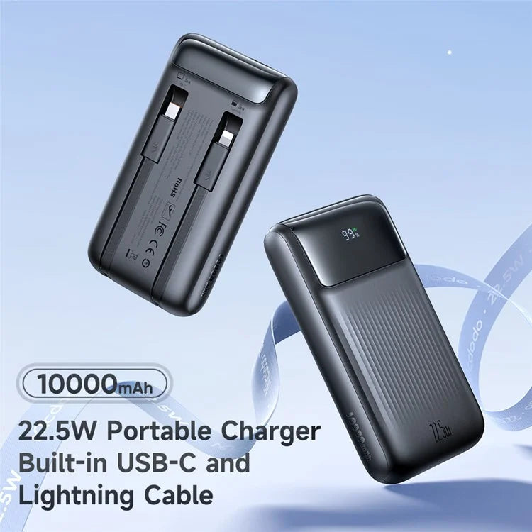 MCDODO MC-0241 Youth Series 22.5W 10000mAh Digital Display Power Bank Built-In Type-C + 8Pin Cable Phone Charger - Black