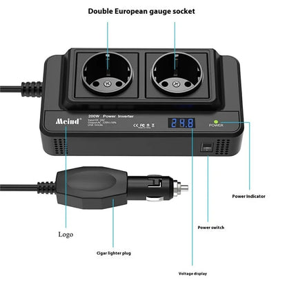 MEIND M8300 24V to 220V High Power 200W Car Inverter with Dual EU Power Socket + 4 USB Ports