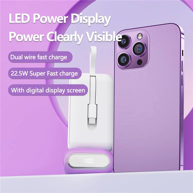 JJT-A97 10000mAh Digital Display Power Bank with Type-C + iP Cable Support 22.5W Fast Charging