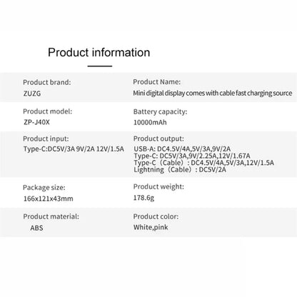 ZUZG 10000mAh Digital Display Power Bank with Type-C + iP Cable Support Fast Charging