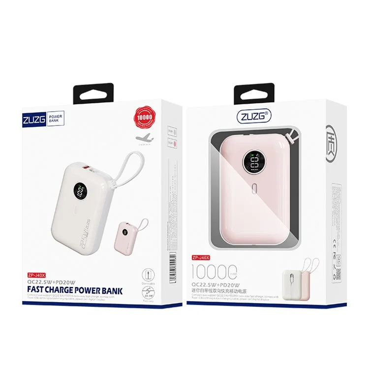 ZUZG 10000mAh Digital Display Power Bank with Type-C + iP Cable Support Fast Charging