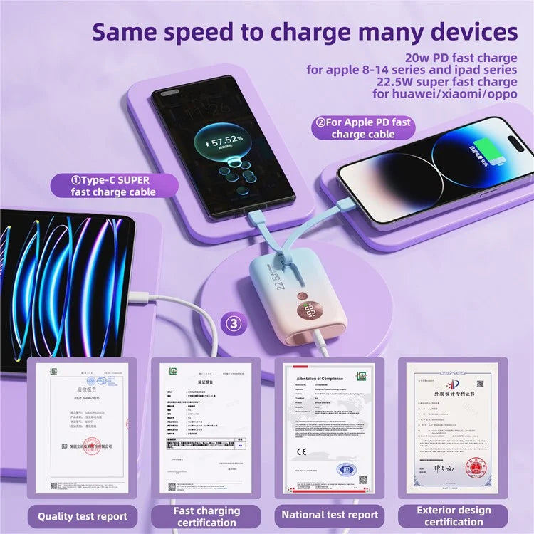 ROISKIN K0092 10000mAh Cabled Power Bank Digital Display Portable Phone Battery Pack