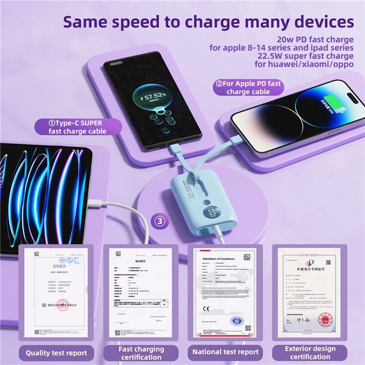 ROISKIN K0092 10000mAh Cabled Power Bank Digital Display Portable Phone Battery Pack