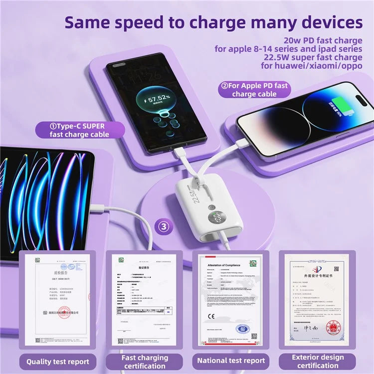 ROISKIN K0092 10000mAh Cabled Power Bank Digital Display Portable Phone Battery Pack