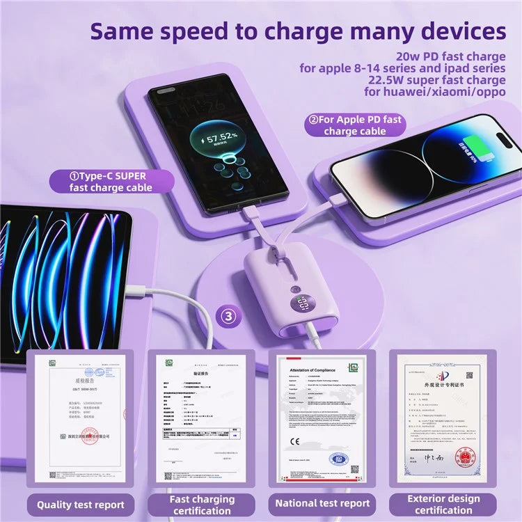 ROISKIN K0094 10000mAh Cabled Power Bank Digital Display Phone Charger Portable Battery Pack