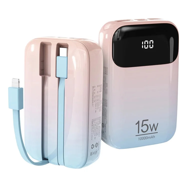 ROISKIN K0089 10000mAh Two-Cabled Power Bank Portable Phone Charger Battery Pack with Digital Display