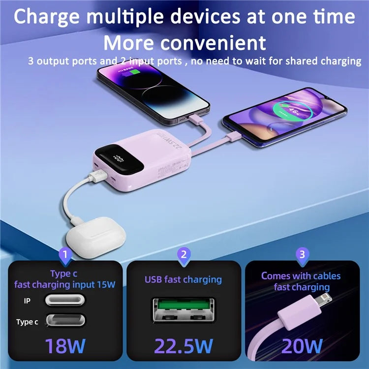 ROISKIN K0087 10000mAh Cabled Power Bank Digital Display Portable Phone Charger External Battery Pack