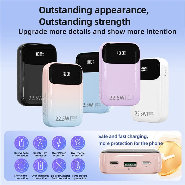 ROISKIN K0087 10000mAh Cabled Power Bank Digital Display Portable Phone Charger External Battery Pack