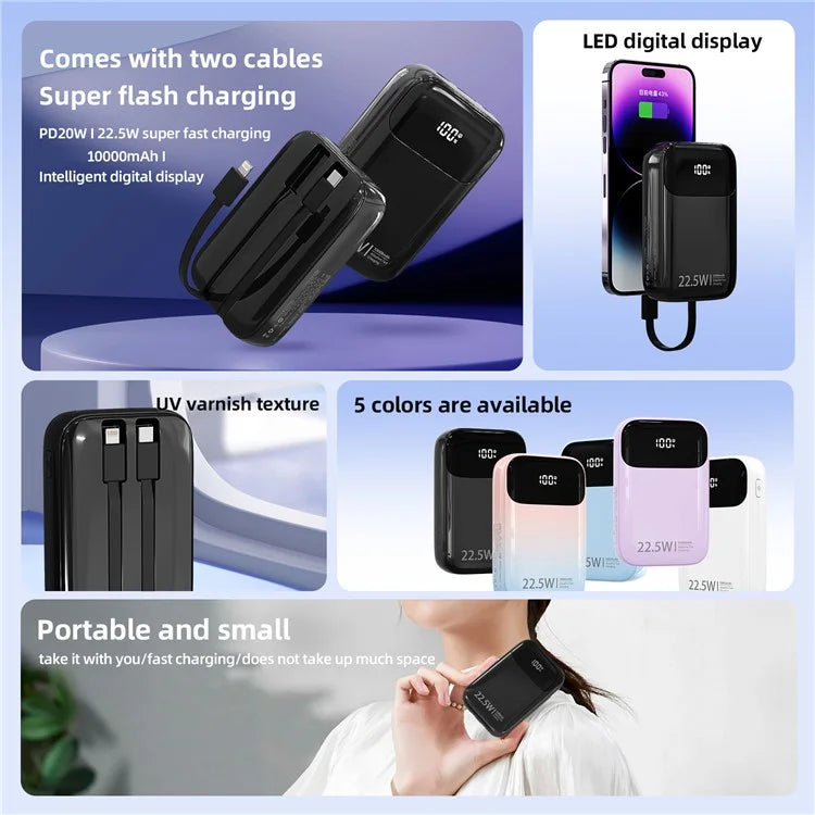 ROISKIN K0087 10000mAh Cabled Power Bank Digital Display Portable Phone Charger External Battery Pack