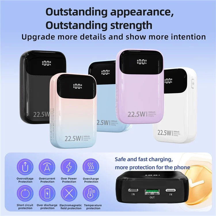 ROISKIN K0087 10000mAh Cabled Power Bank Digital Display Portable Phone Charger External Battery Pack