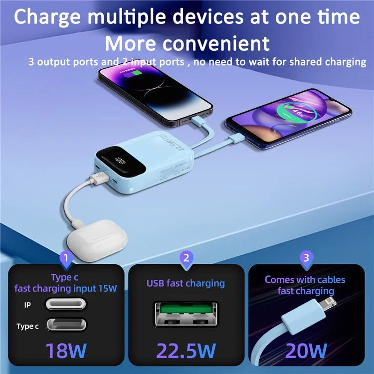 ROISKIN K0087 10000mAh Cabled Power Bank Digital Display Portable Phone Charger External Battery Pack
