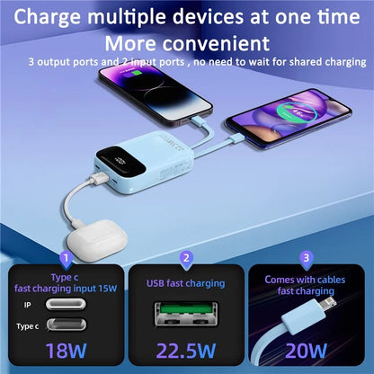 ROISKIN K0087 10000mAh Cabled Power Bank Digital Display Portable Phone Charger External Battery Pack