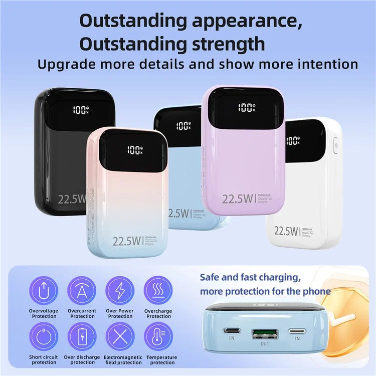 ROISKIN K0087 10000mAh Cabled Power Bank Digital Display Portable Phone Charger External Battery Pack