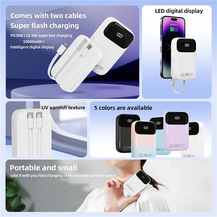ROISKIN K0087 10000mAh Cabled Power Bank Digital Display Portable Phone Charger External Battery Pack