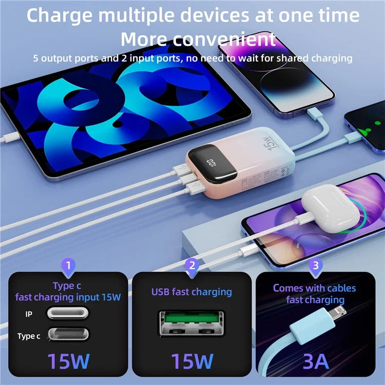 ROISKIN K0090 20000mAh Power Bank Phone Charger External Battery with iP /  Type-C Cable
