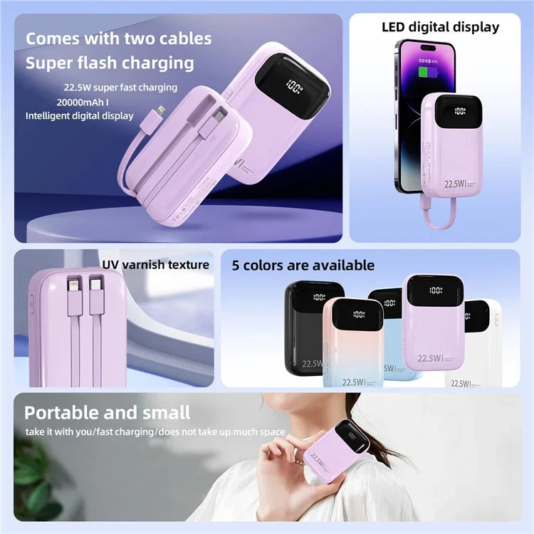 ROISKIN K0088 20000mAh Power Bank Digital Display Phone External Battery with iP /  Type-C Cable