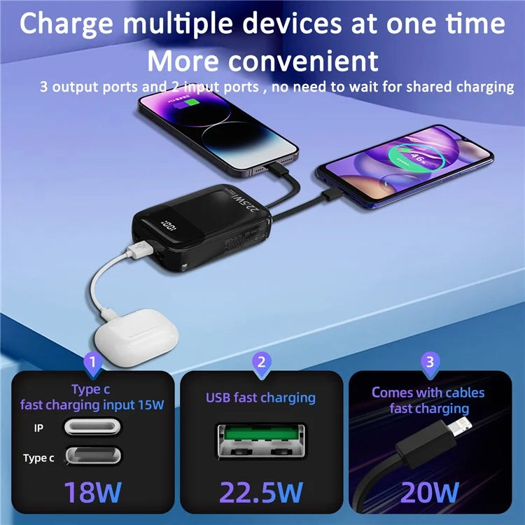 ROISKIN K0088 20000mAh Power Bank Digital Display Phone External Battery with iP /  Type-C Cable