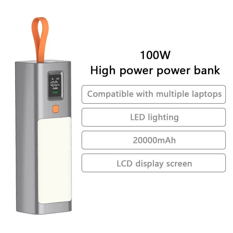 T134LP 20000mAh PD 100W Fast Charging Power Bank Cellphone Laptop External Battery with LED Light