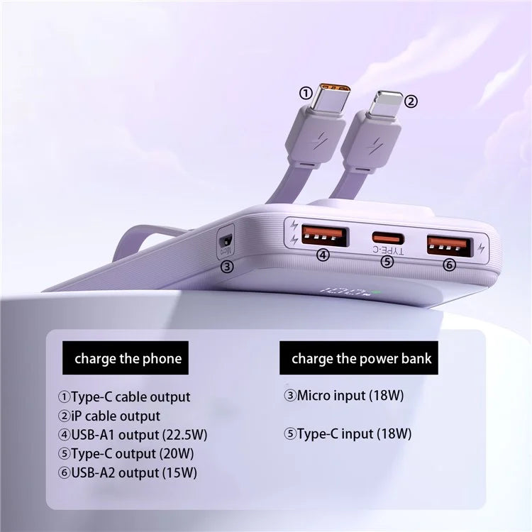 ZUZG-J46-10000mAh Phone Power Bank QC 22.5W+PD 20W Fast Charging Battery Charger with Cable Digital Display