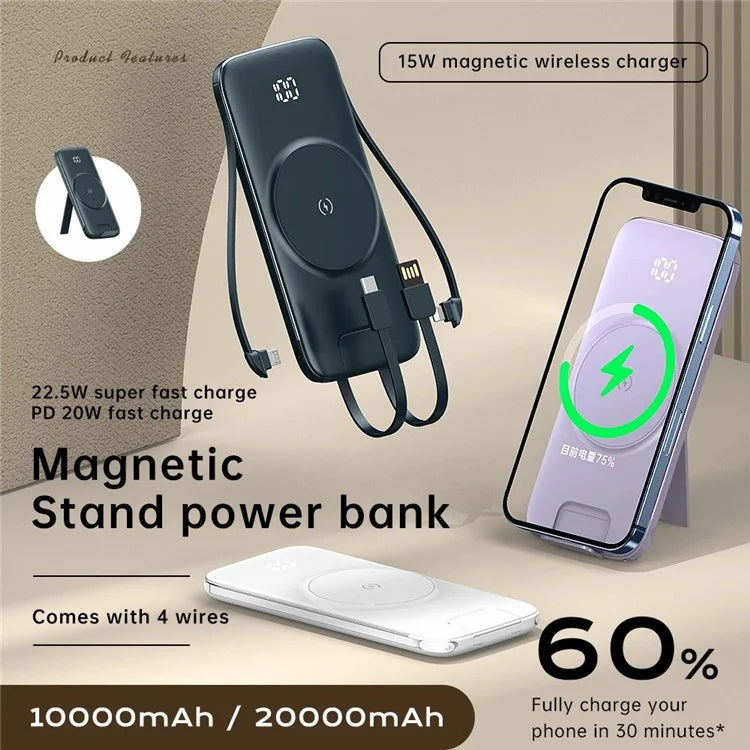 CYKE P3 20000mAh Power Bank Digital Display Built-in 4 Cables Magnetic Phone Wireless Charger