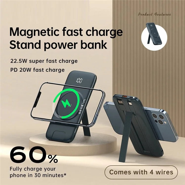 CYKE P3 10000mAh Digital Display Power Bank Built-in 4 Cables Magnetic Phone Wireless Charger