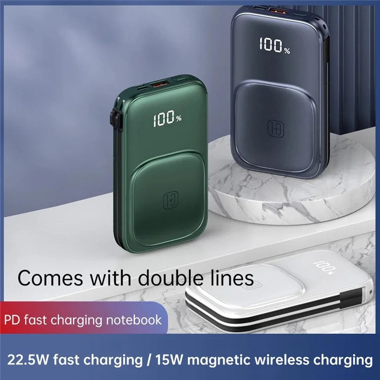 CYKE W1 10000mAh Phone Power Bank Magnetic Wireless Charger with 2 Removable Cables