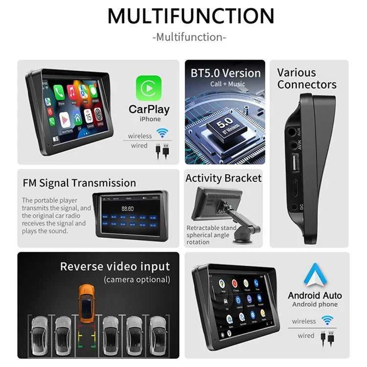 W505E 7.0-inch HD Touch Screen Portable Car Player with Remote 2.4G / 5G Dual Frequency FM CarPlayer