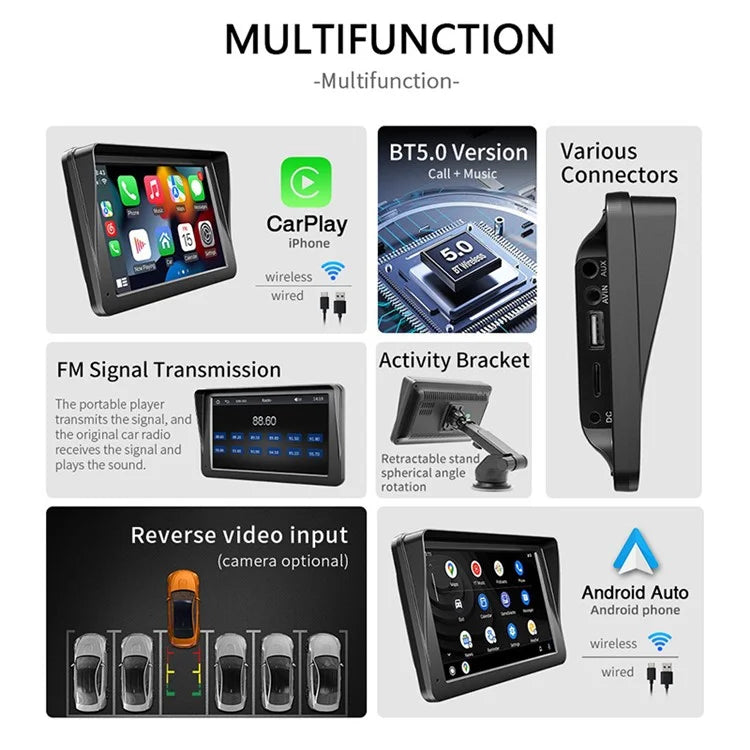 W505C 7" HD Touch Display Car Player with 8LED Camera 2.4G / 5G Dual Frequency FM Portable Car Player