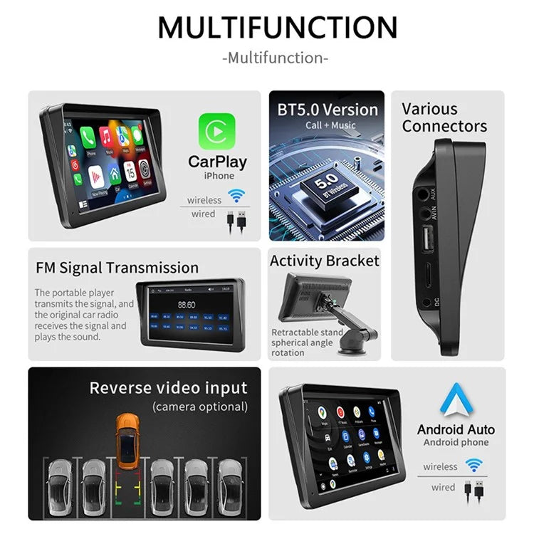 W505F 7.0-inch HD Touch Screen FM Car Player with 4LED Camera 2.4G / 5G Dual Frequency Portable RC CarPlayer