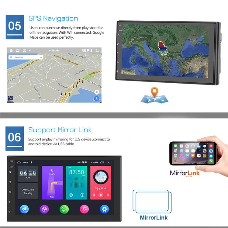 R-730F 7 inch Android 12 Car GPS Navigation 2G+16GB Carplay WIFI Car Stereo with 12LED Backup Camera