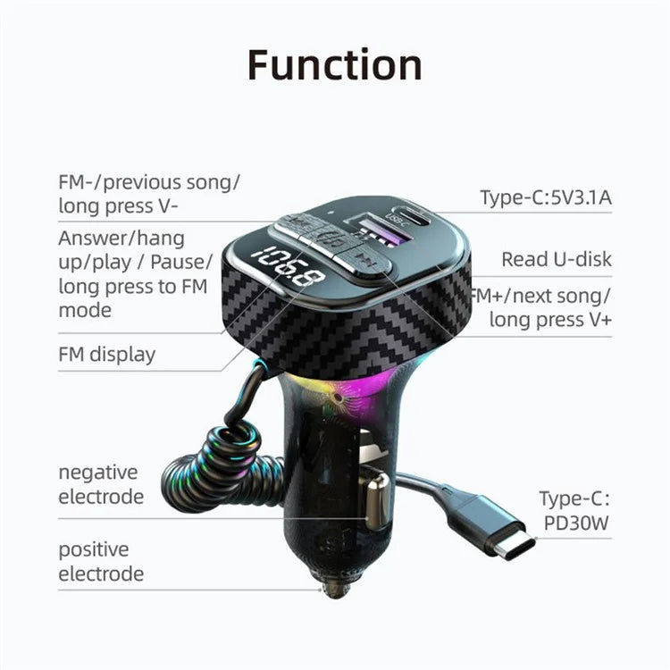 C52 Bluetooth Car MP3 Player FM Transmitter Type-C + QC3.0 USB Car Charger with PD 30W Type-C Cable