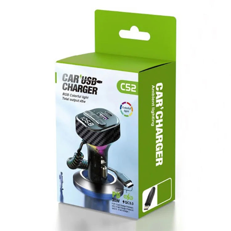 C52 Bluetooth Car MP3 Player FM Transmitter Type-C + QC3.0 USB Car Charger with PD 30W Type-C Cable