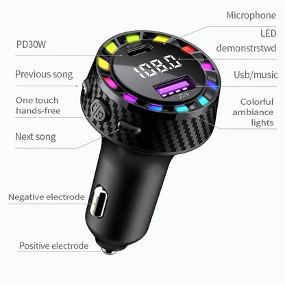 C55 USB+Type-C Car Fast Charger Bluetooth FM Transmitter with Breathing Light