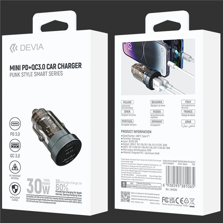 DEVIA EA362 Punk Style Smart Series Mini PD+QC3.0 Car Charger USB+Type-C Dual Port Charger