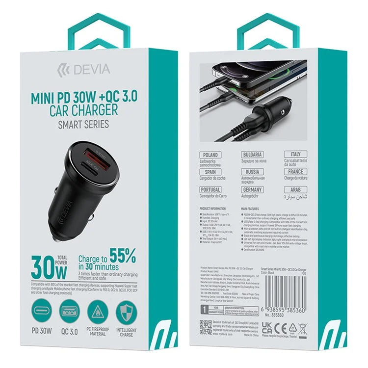 DEVIA EA442 Smart Series Mini PD 30W+QC3.0 Car Charger USB+Type-C Fast Charging Adapter