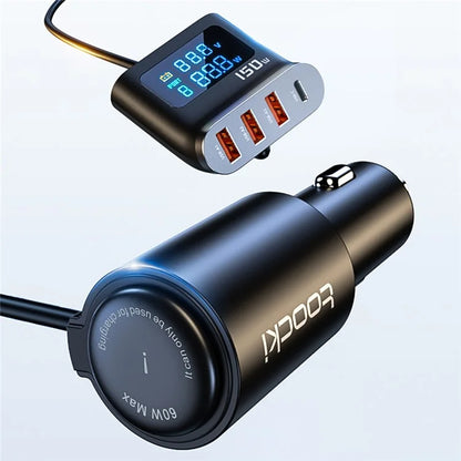 TOOCKI TQ-CC32 150W Car Charger Adapter Multi-Port Phone Hub with LCD Digital Display