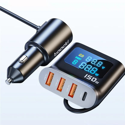 TOOCKI TQ-CC32 150W Car Charger Adapter Multi-Port Phone Hub with LCD Digital Display
