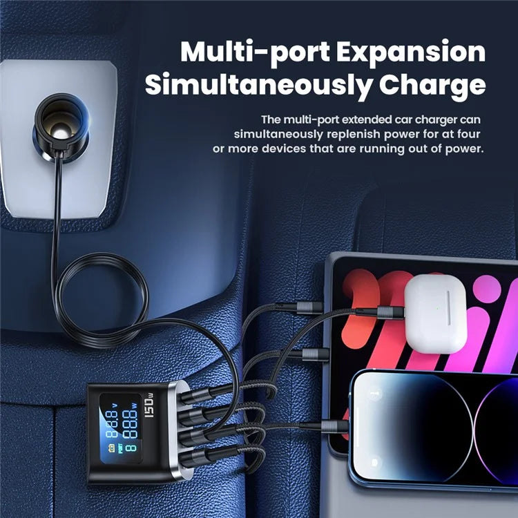 TOOCKI TQ-CC32 150W Car Charger Adapter Multi-Port Phone Hub with LCD Digital Display