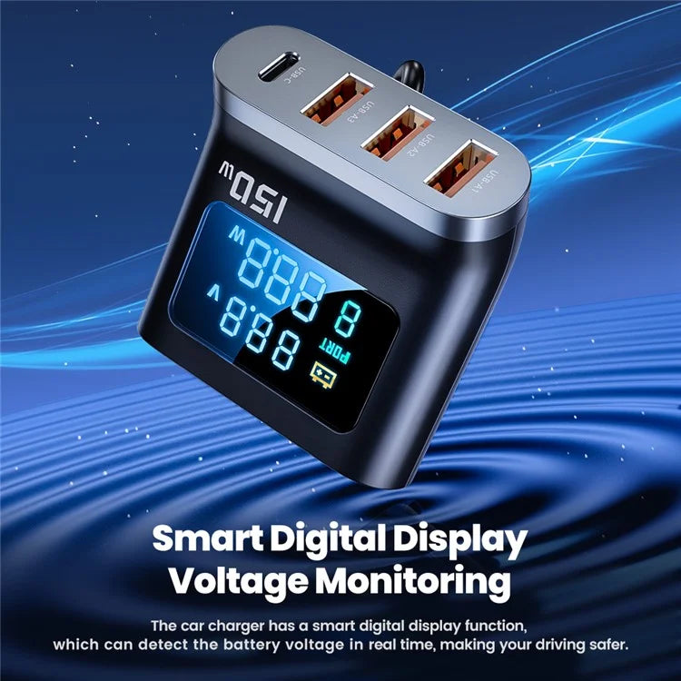 TOOCKI TQ-CC32 150W Car Charger Adapter Multi-Port Phone Hub with LCD Digital Display