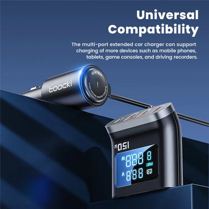 TOOCKI TQ-CC32 150W Car Charger Adapter Multi-Port Phone Hub with LCD Digital Display