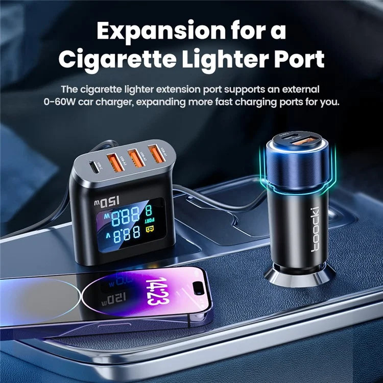 TOOCKI TQ-CC32 150W Car Charger Adapter Multi-Port Phone Hub with LCD Digital Display