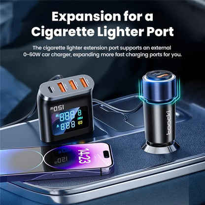 TOOCKI TQ-CC32 150W Car Charger Adapter Multi-Port Phone Hub with LCD Digital Display