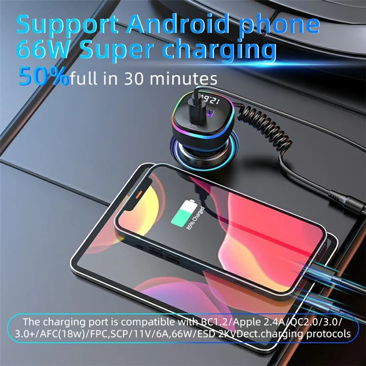 K2S PD 65W Phone Fast Charging Adapter USB+Type-C Car Charger with Type-C / 8-Pin Spring Cable