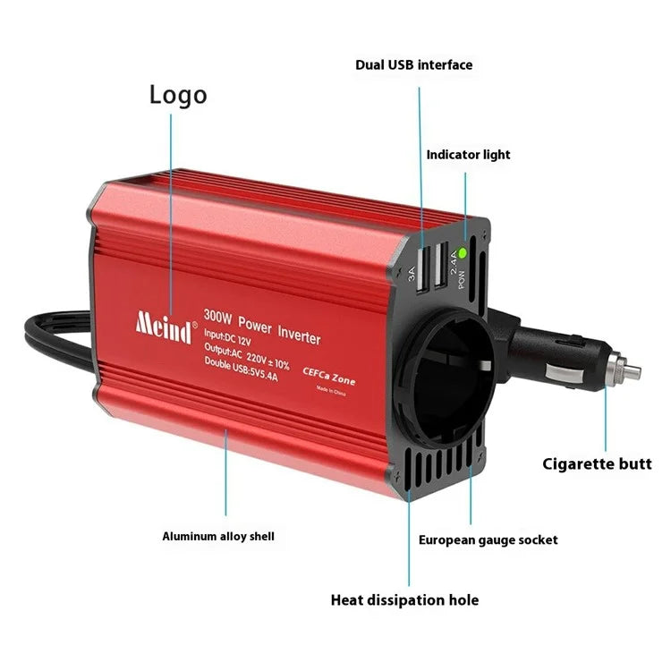 MEIND M7900 300W Car Inverter 12V to 220V Power Inverter with EU Socket + 2 USB Ports - Red