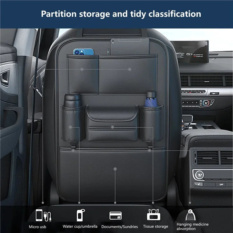 AUTOCOLOR Waterproof Leather Car Seat Back Storage Bag Tissue Cup Holder Organizer with Hook