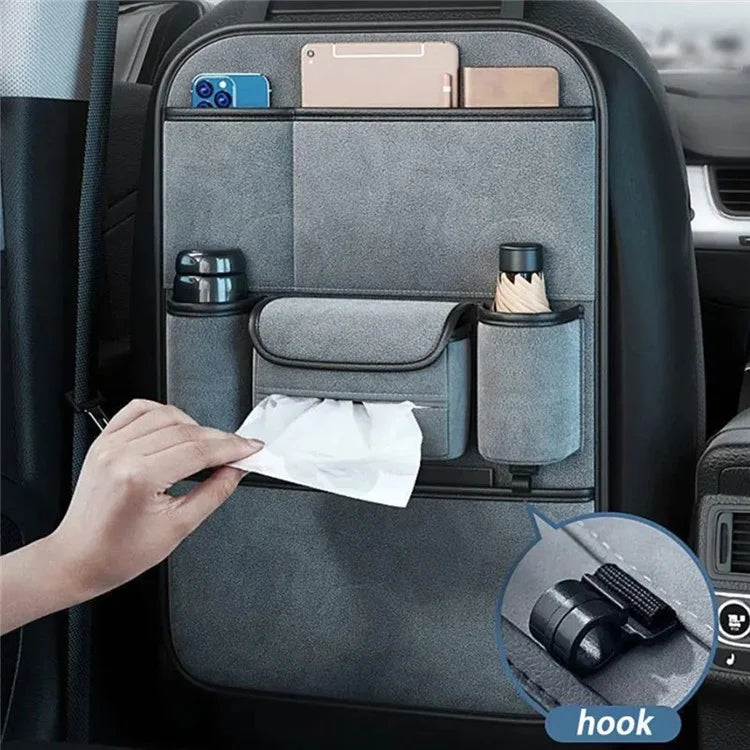 AUTOCOLOR Suede Car Seat Back Organizer Tissue Cup Holder Multi-Pocket Storage Bag with Hook